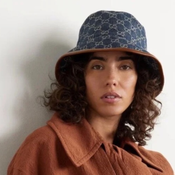 💋Gucci Bucket Hat Blue Denim Beige GG Monogram Logo Leather Trim Size Large*NEW - Picture 9 of 10